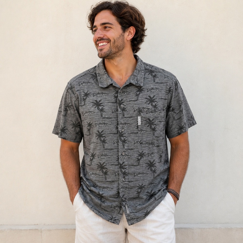 Columbia Mens Large Olive Green Tropical Palm Tree Fish Button Down Shirt FM7083
